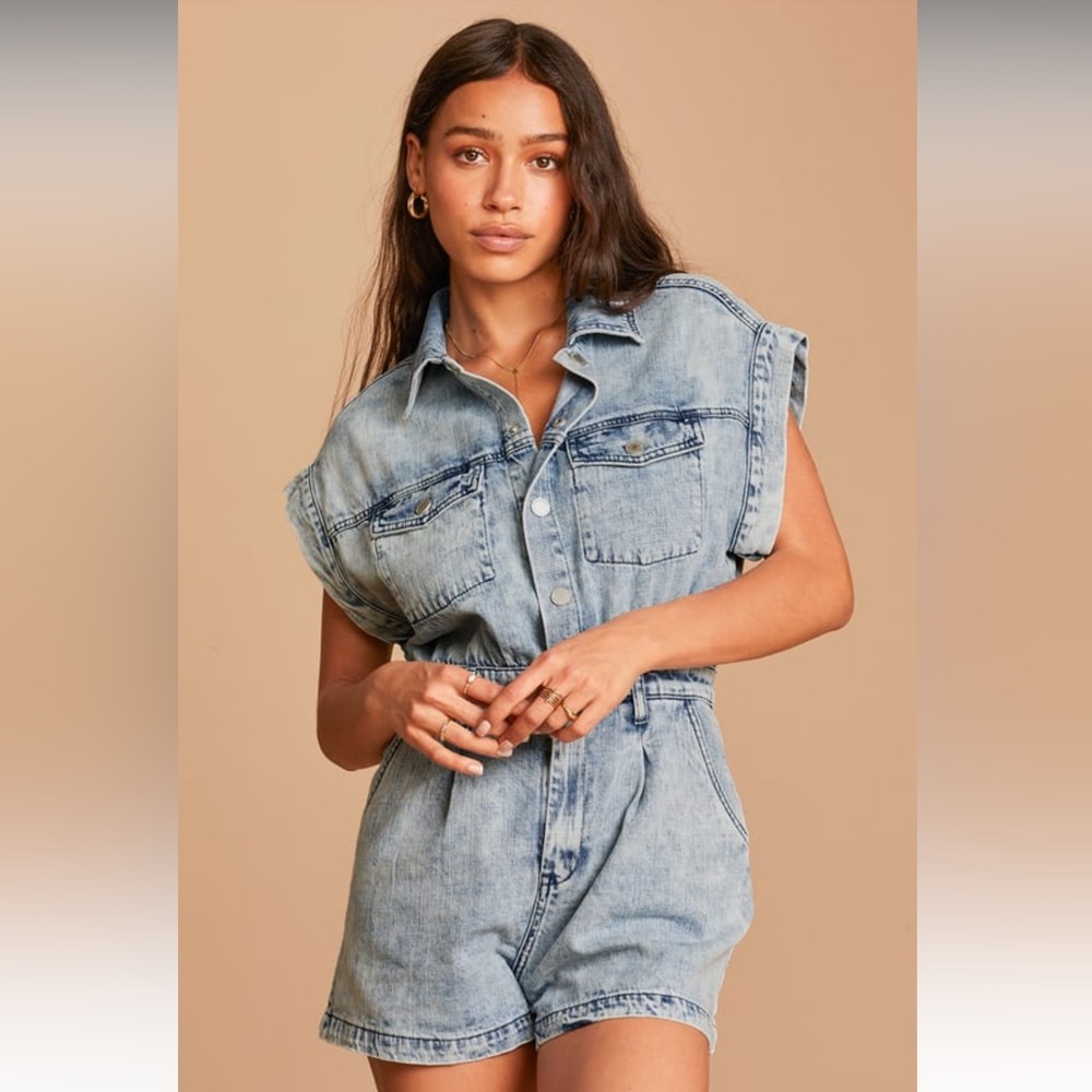 NEW Light Wash Denim Short Sleeve Romper - Distressed Romper Stomper